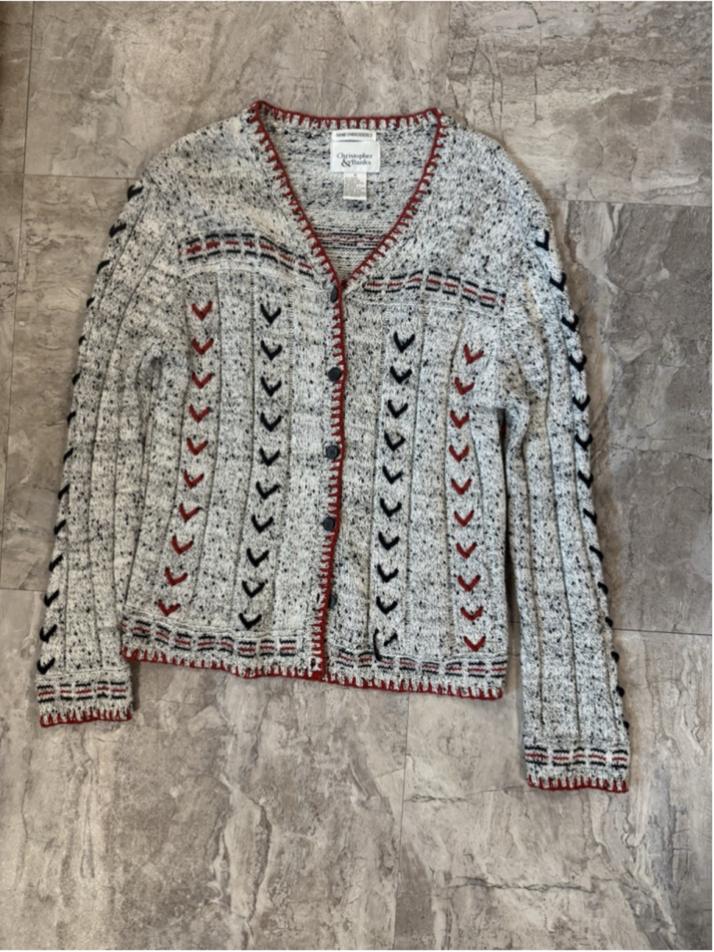 VTG Christopher & Banks Sweater Cardigan Medium Hand Embroidered Red & Black - Picture 2 of 5